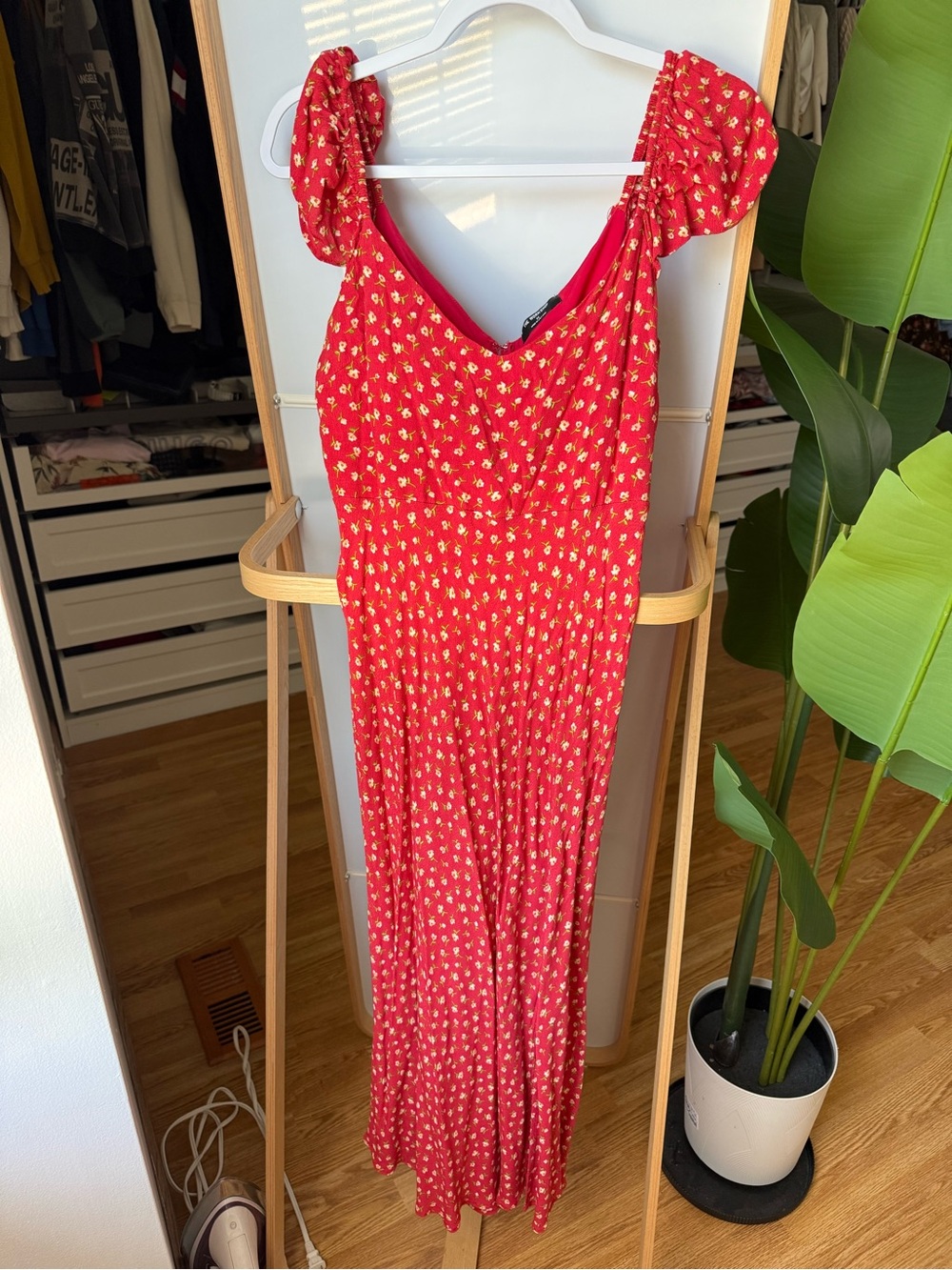 Workshop Republic Clothing Red Floral Maxi Dress with Puff Sleeves